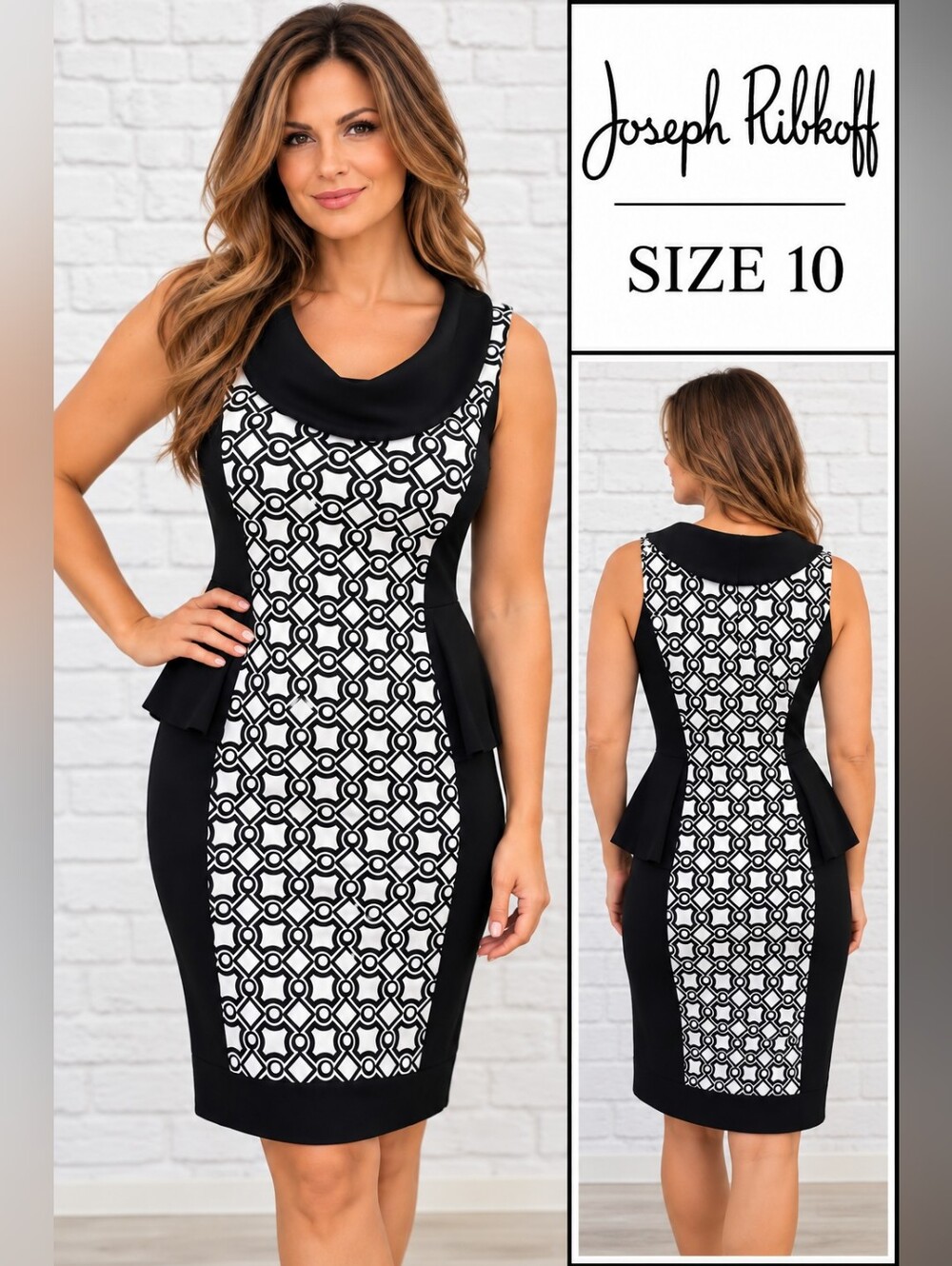 Joseph Ribkoff Black & White Geometric Peplum Dress Size 10